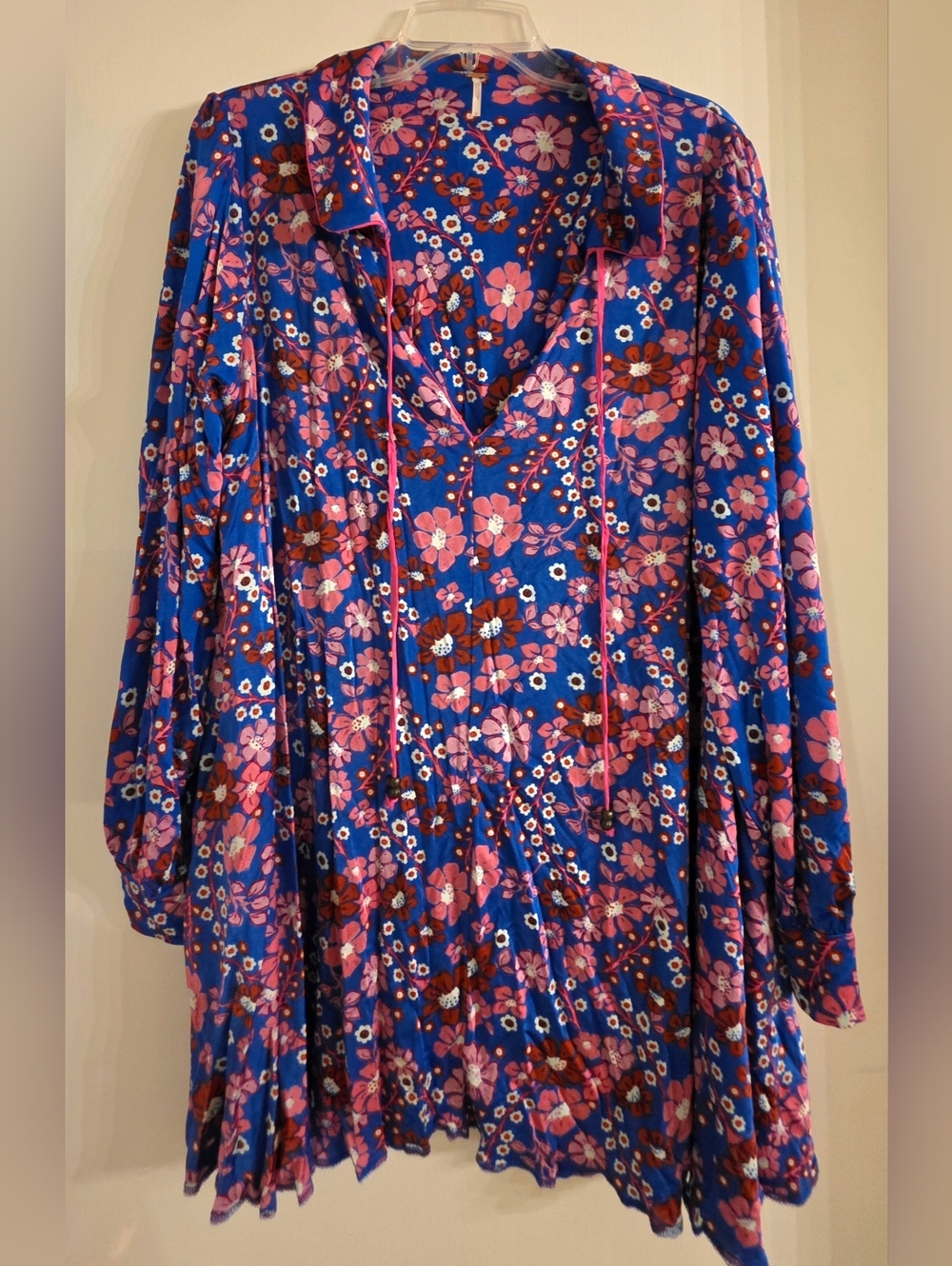 Blue Floral Boho Tunic Dress with Pink & White Blossoms